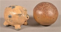 Glazed Stoneware Pig Whistle and Marble.