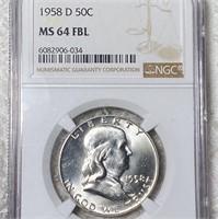 1958-D Franklin Half Dollar NGC - MS 64 FBL
