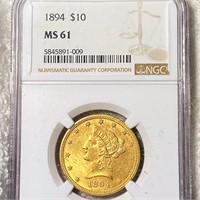 1894 $10 Gold Eagle NGC - MS61