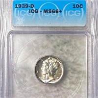 1939-D Mercury Silver Dime ICG - MS66+