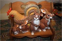 Rabbits & Rooster on Bench
