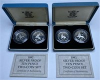 PAIR - 1992 SILVER PROOF TEN PENCE TWO COIN SETS