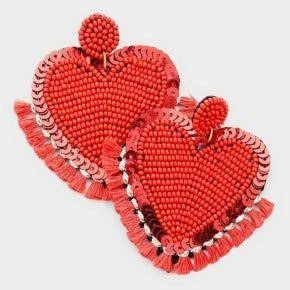 $10 Beaded Fringe Tassel Pink Heart Earrings
