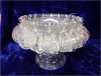 Pressed Glass Punchbowl w/Stand, Ladle and 18 cups