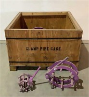 (14) Assorted Pipe Clamps And Wooden Crate