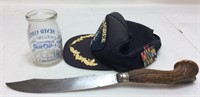 AIR FORCE HAT WITH MEDALS, CARVING KNIFE, MILK