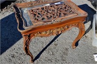 Vintage ornate wood w glass top table