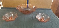 DEPRESSION GLASS BOWL & PR. OF CANDLE HOLDERS