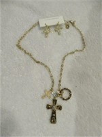 CROSS NECKLACE AND EARRING SET WITH AMBER