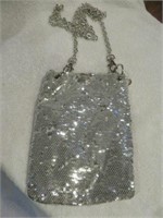 SILVER SEQUIN CROSS BODY PURSE 31" WITH CHAIN