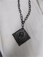 BLACK LUCITE CAMEO STYLE NECKLACE 12.5"