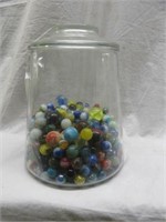 JAR WITH VINTAGE MARBLES 9"T