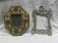 2PC VINTAGE METAL AND WOVEN THREAD PICTURE FRAMES