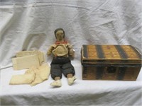 VINTAGE DOLL TRUNK WITH CLOTH DOLL, LETTERS AND