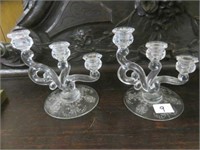 PAIR OF ORNATE GLASS ETCHED THREE PRONG
