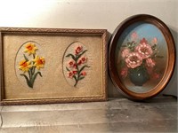 Oil on board and embroidered flower art