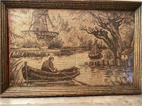 Antique Framed tapestry windmill and canoe