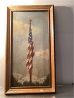 Antique oil painting of an American flag on canvas