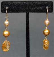14K Yellow Gold Pearl & Citrine Drop Earrings