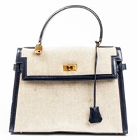 Blue Leather And Canvas Handbag