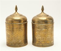 Indian Incised Brass Lidded Canisters, Pair