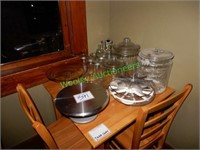 Assorted Glassware/Pie Trays/CakeStands/Tip Jar