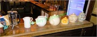 (4) Teapots, (1) French Press, (1) Creamer