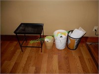 Small Metal Table and (3) Trash Cans