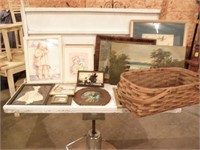 MISC FRAMED PICTURES, WICKER BASKET