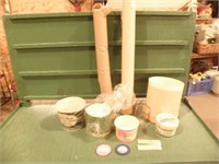 BOX OF DAIRY ITEMS, LIDS, CUPS, WOOD SPOONS