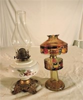 1 Handpainted Oil Lamp & 1 Carnival Glass Style