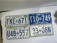 4 Single Ont. Licence Plates- 1972 & 73
