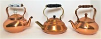 Three Copper Finish Tea Pots