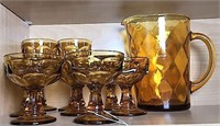 Amber Glass Pitcher and Sherbet Glasses