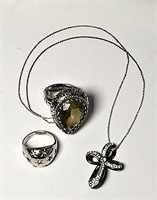 Two Sterling Silver Rings and Cross Necklace