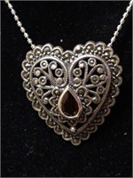 Sterling Silver Marcasite Garnet Heart Pendant