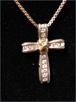 Sterling Silver And 14K Gold Cross Diamonds