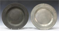 (2) LARGE ENGLISH PEWTER 18" CHARGERS, 17TH C.