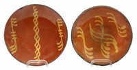 (2) AMERICAN SLIP-DECORATED REDWARE POTTERY PLATES