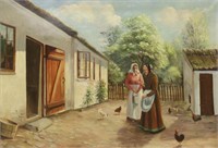 SIGNED GENRE PAINTING WOMEN IN YARD WITH CHICKENS