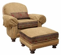 2) KING HICKORY LEATHER-TRIMMED ARMCHAIR & OTTOMAN
