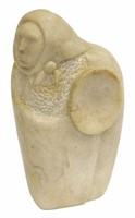 CARVED ALABASTER SCULPTURE HOODED FIGURE W/ SHIELD