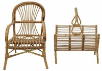 (2) VINTAGE RATTAN MAGAZINE RACK & CHILD'S CHAIR