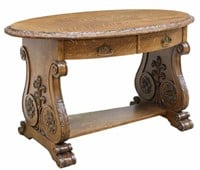 ORNATE AMERICAN OAK OVAL TWO-DRAWER LIBRARY TABLE