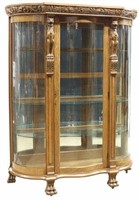 AMERICAN CARVED OAK CURVED GLASS DISPLAY CABINET