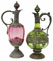 (2) PEWTER OVERLAY GLASS CLARET EWERS & STOPPERS