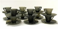 12 SPINACH JADE CUPS & SAUCERS & 8 CARVED JADE
