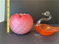 Pink Crimped Vase & Orange Glass Swan