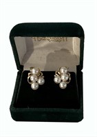 PAIR OF PEARL CLUSTER W/ DIAMOND ACCENT EARRINGS