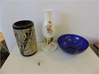 Cobalt Blue Bowl, Milk Glass Lamp, Etc